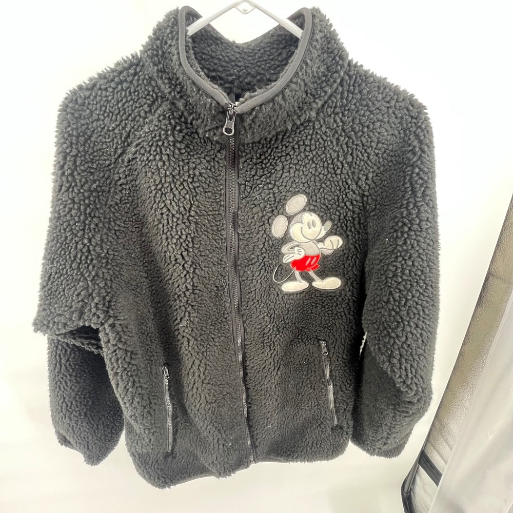 Disney Mickey Mouse Black Fuzzy Fleece Zip Up Jacket Size M‎